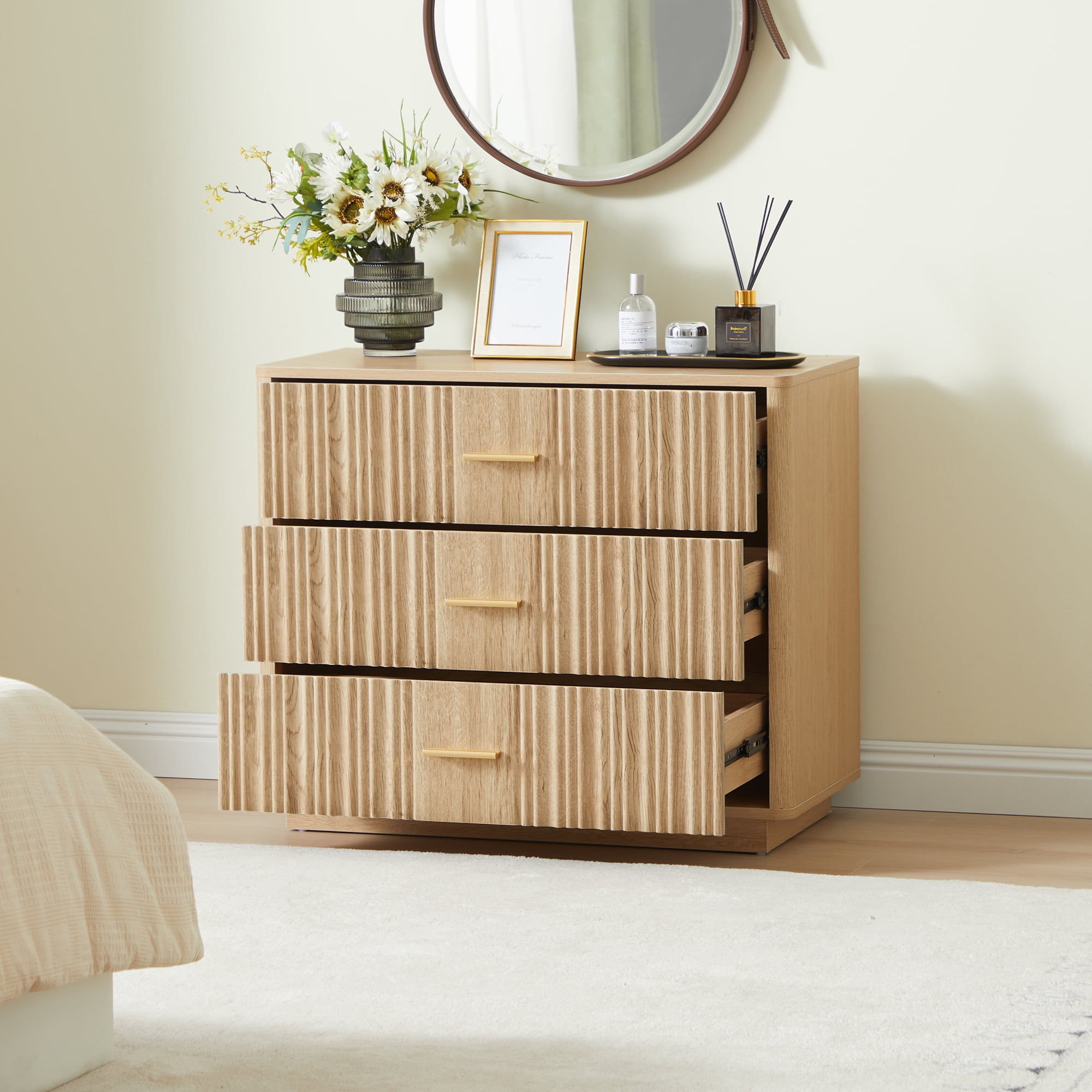 Weselon 3-Drawer Farmhouse Dresser with Waveform, Fully Assembled Nightstand Wooden Finish for Boho, Mid-century, Rustic Style,Oak