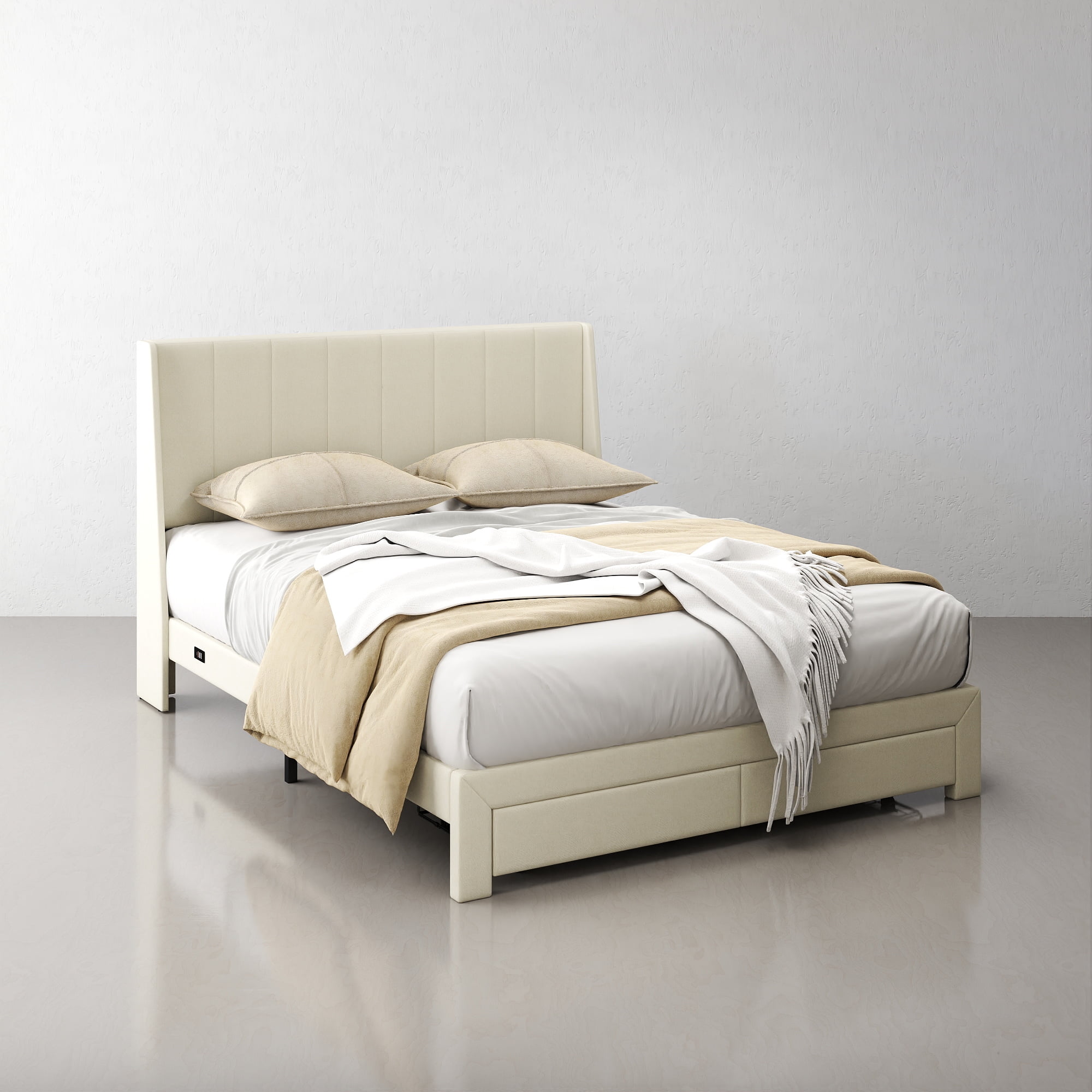 Homy Casa Modern Upholstered Bed with Drawers and USB Ports, Queen, Beige