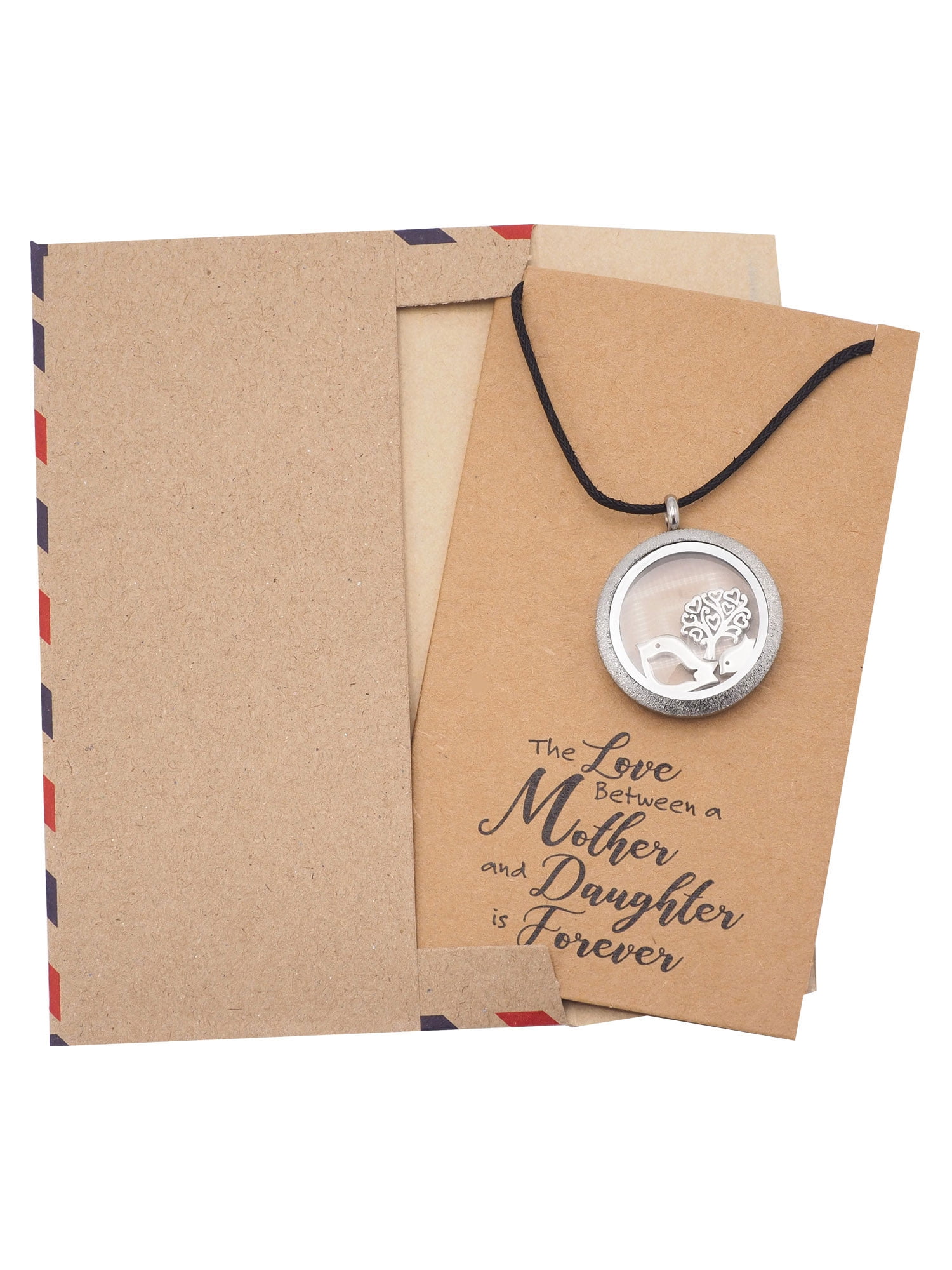 Locket Necklace with Mother Daughter Birds and Tree Charms and Greeting Card