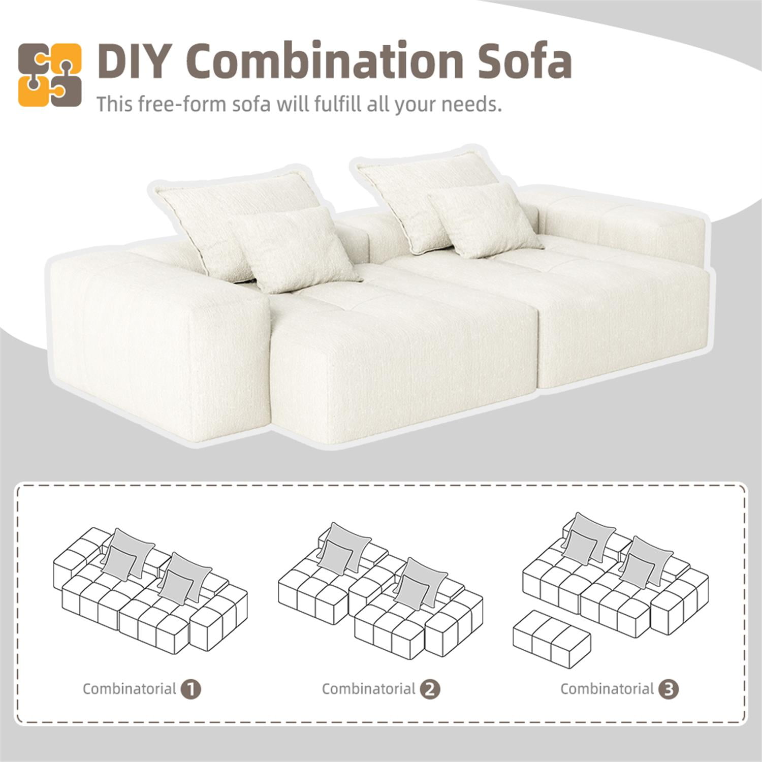 Demi Bonn 113" Modular Sectional Sofa with 2 Chaise Lounges & 4 Pillows Included, Chenille Fabric Soft Cushions Couch for Living Room, No Assembly Needed, Beige