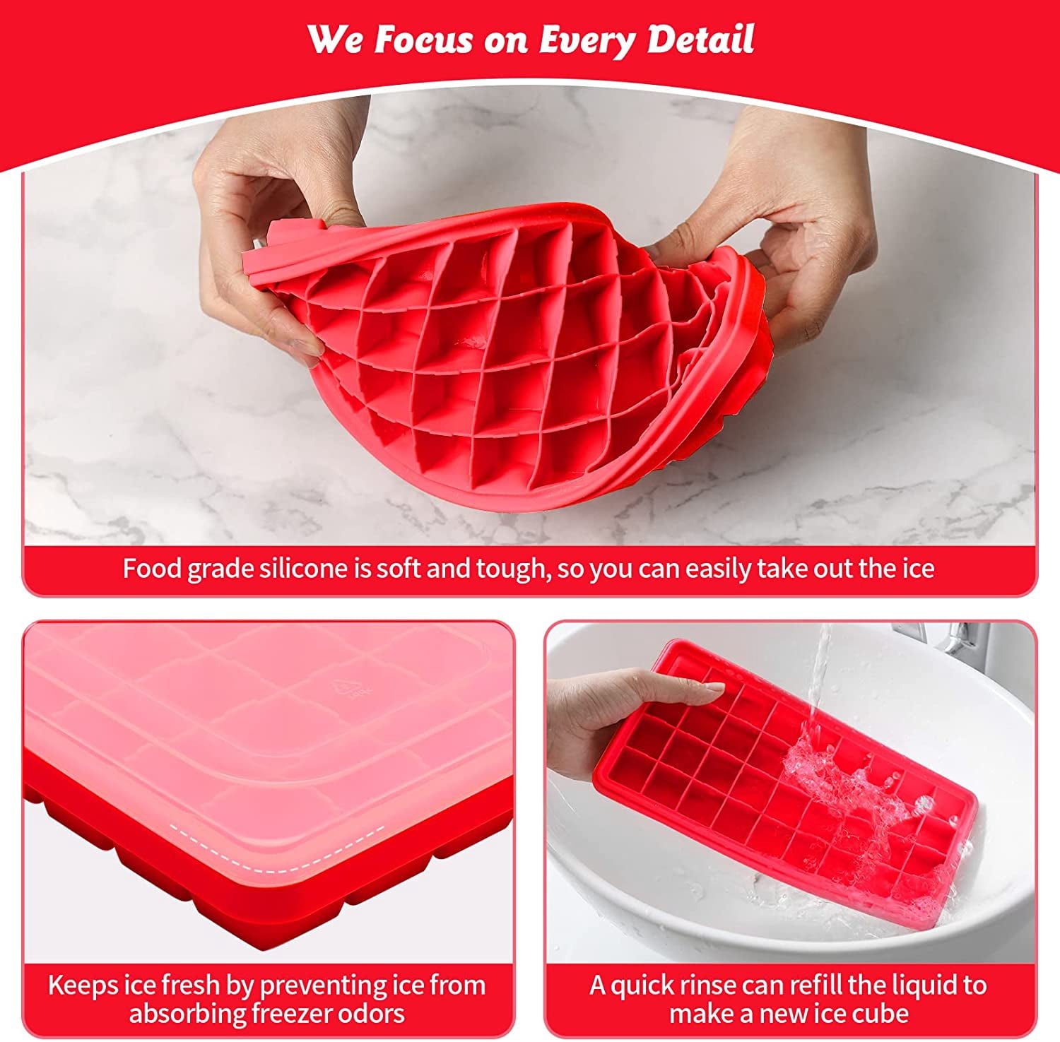 Silicone Ice Cube Tray with Leak-Proof Lid & Storage Bin for Freezer – BPA-Free 36-Piece Nugget Ice Molds, Spill-Resistant Cover & Ice Scoop Container Cover Red