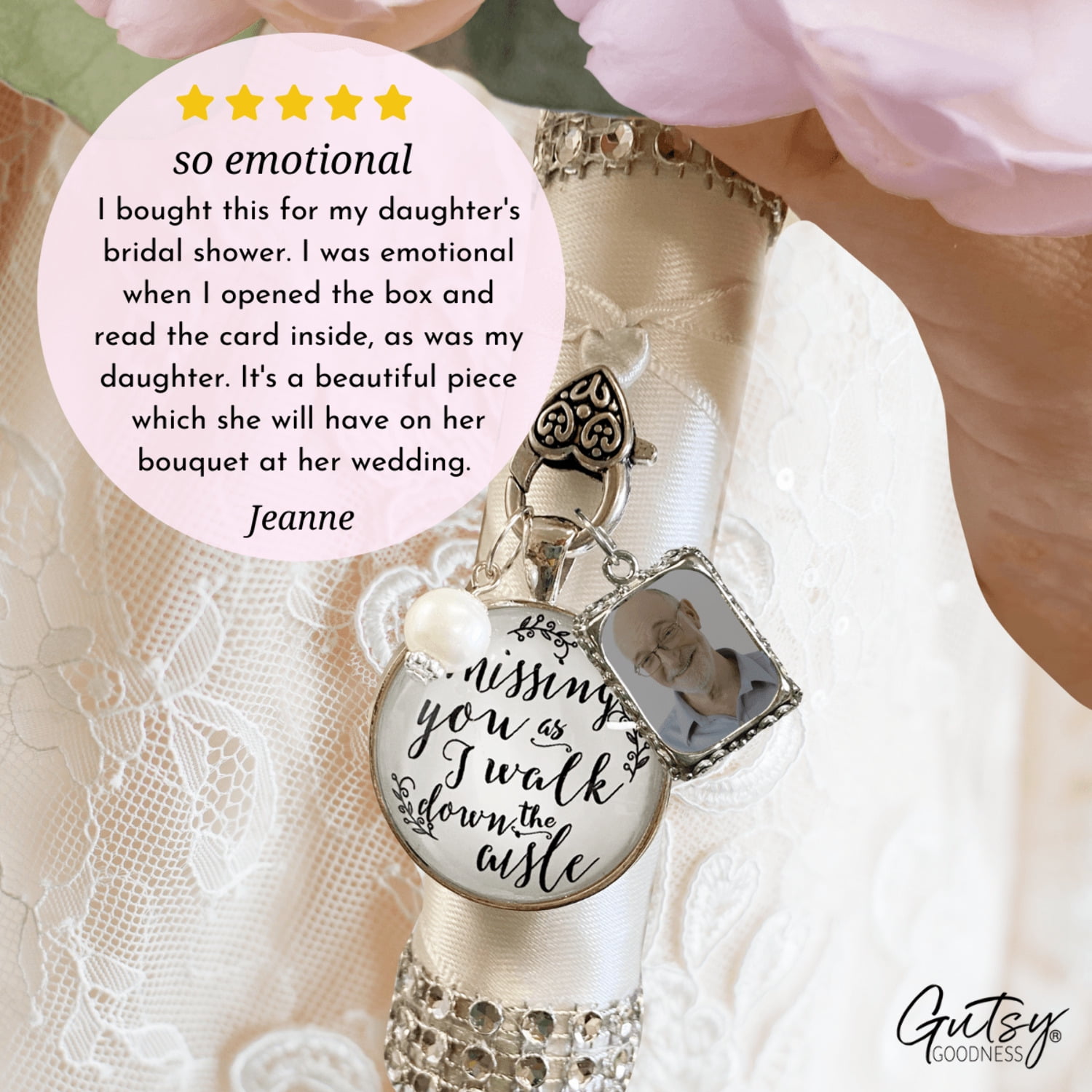 Wedding Bouquet Memorial Charm for Bride Missing You As I Walk Down the Aisle Silver White Pendant Photo Frame