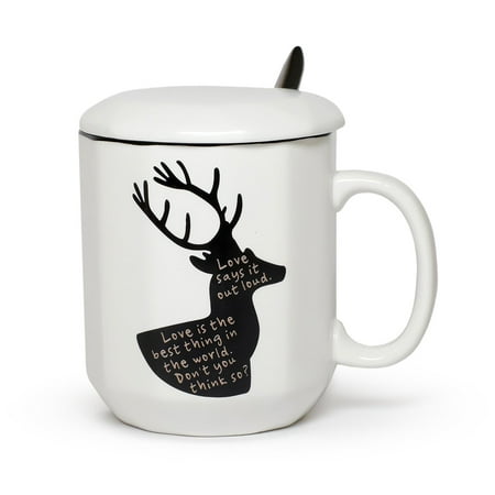 

Ceramic Mug Cool Deer Design with Spoon and Lid