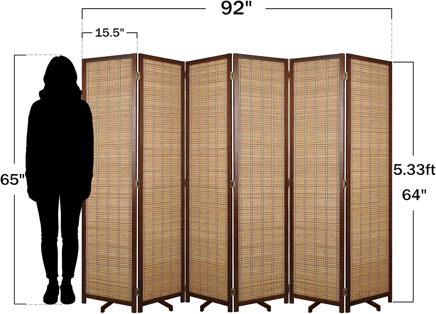 Olela Room Divider Bamboo, 6 Panels Folding Screens for Privacy, 5.4ft Height Wall Divider for Room Separation, Freestanding Privacy Partition for Living Room, Bedroom & Office,64" H x 92" W