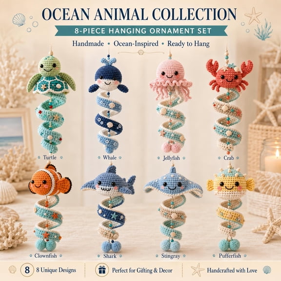 DIY Sea Creature Crochet Art Kits for Adults, Ocean Animal Spiral Mobile Diy Kits, Coastal Home Decor Wall Art, Marine Theme DIY Seasonal Party Gift for Beginners & Women