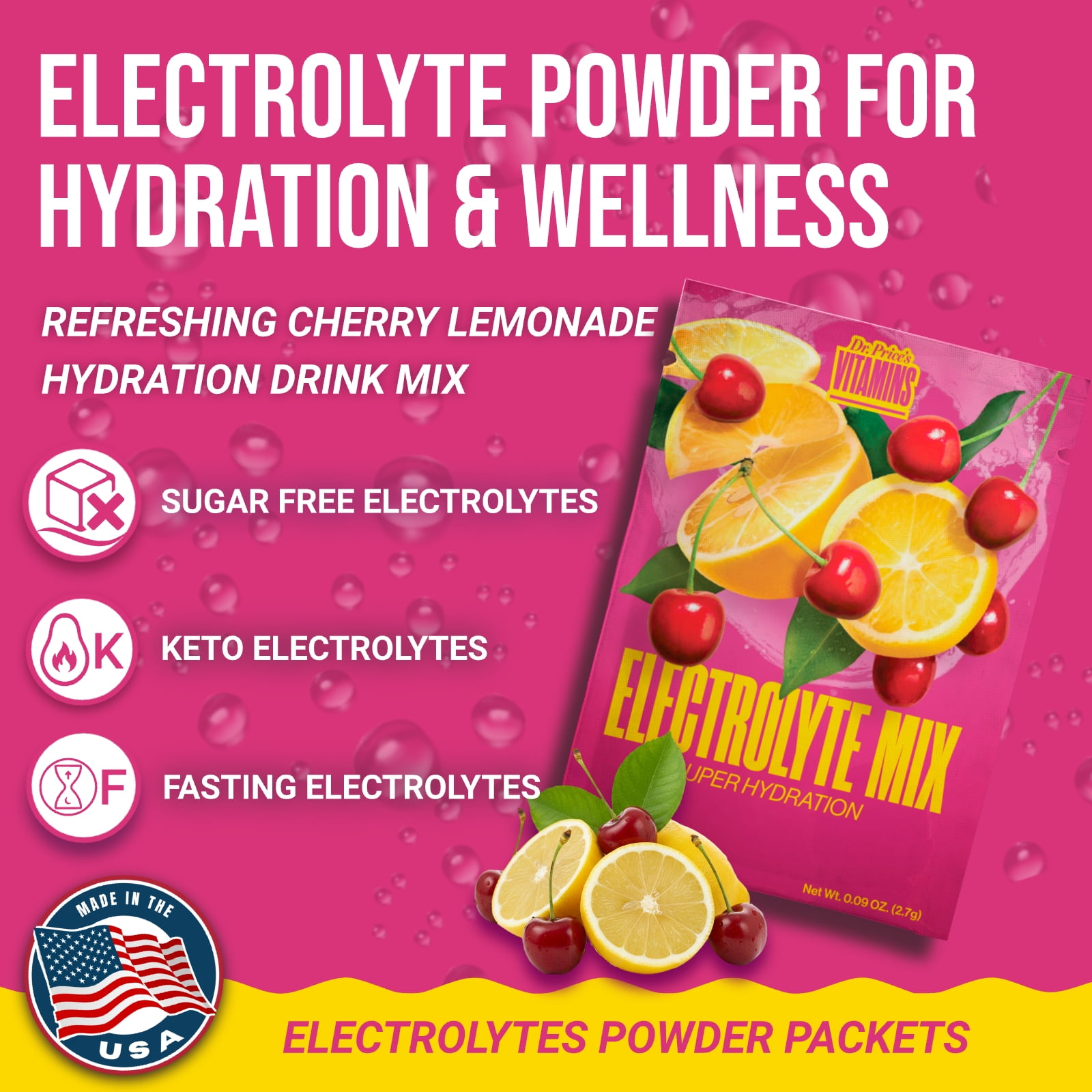 Dr. Price’s Electrolyte Mix – Cherry Lemonade Flavor, 30 Packets | Sugar-Free Hydration Powder with Trace Minerals