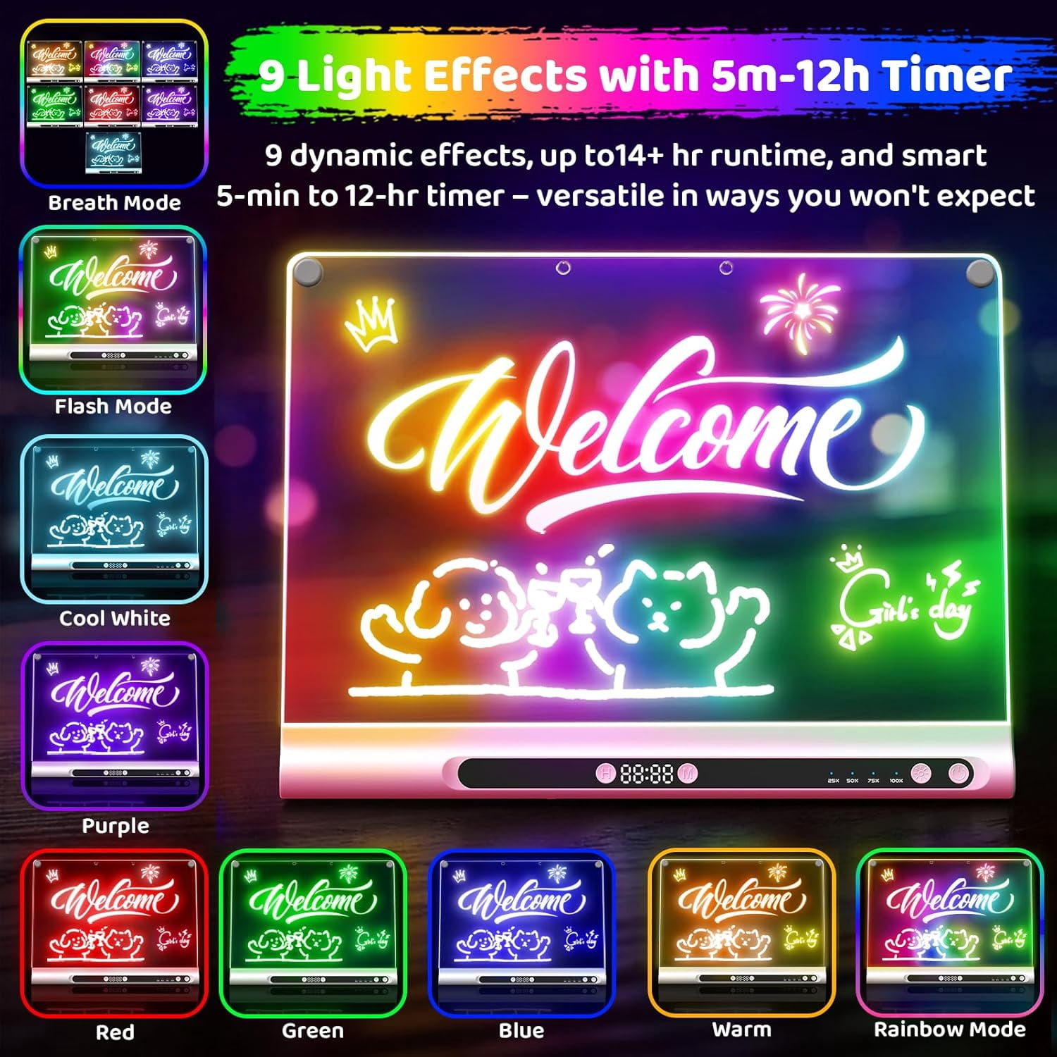 16" Rechargeable LED Drawing Board with Timer & 9-Color Adjustable Neon Glow – Includes 6 Markers, Dry Erase Light-Up Memo Board with Stand for Kids, Family & Office (pink)