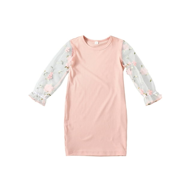 Gupgi Robe Décontractée Côtelée pour Petites Filles 4-7T Robe à Manches Longues en Maille Fleurie pour Tout-Petits Col Ras du Cou Robe Patchwork