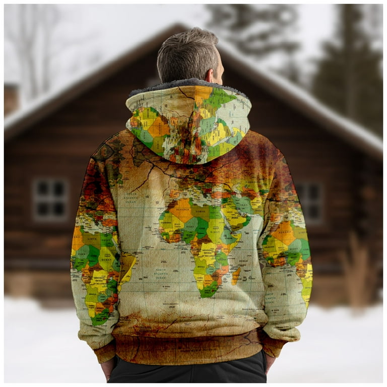 Men Full Zip Fleece Hoodie Map Prints Long Sleeve Sherpa Lined Coat  Heavyweight Thick Winter Warm Jacket outwear 