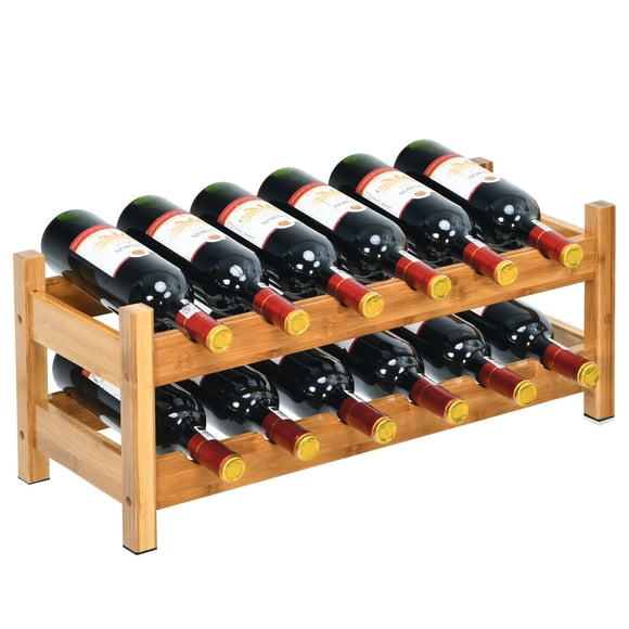 Gymax 2-Tier Bamboo Wine Rack for 12 Bottles Display Storage Shelf Holder