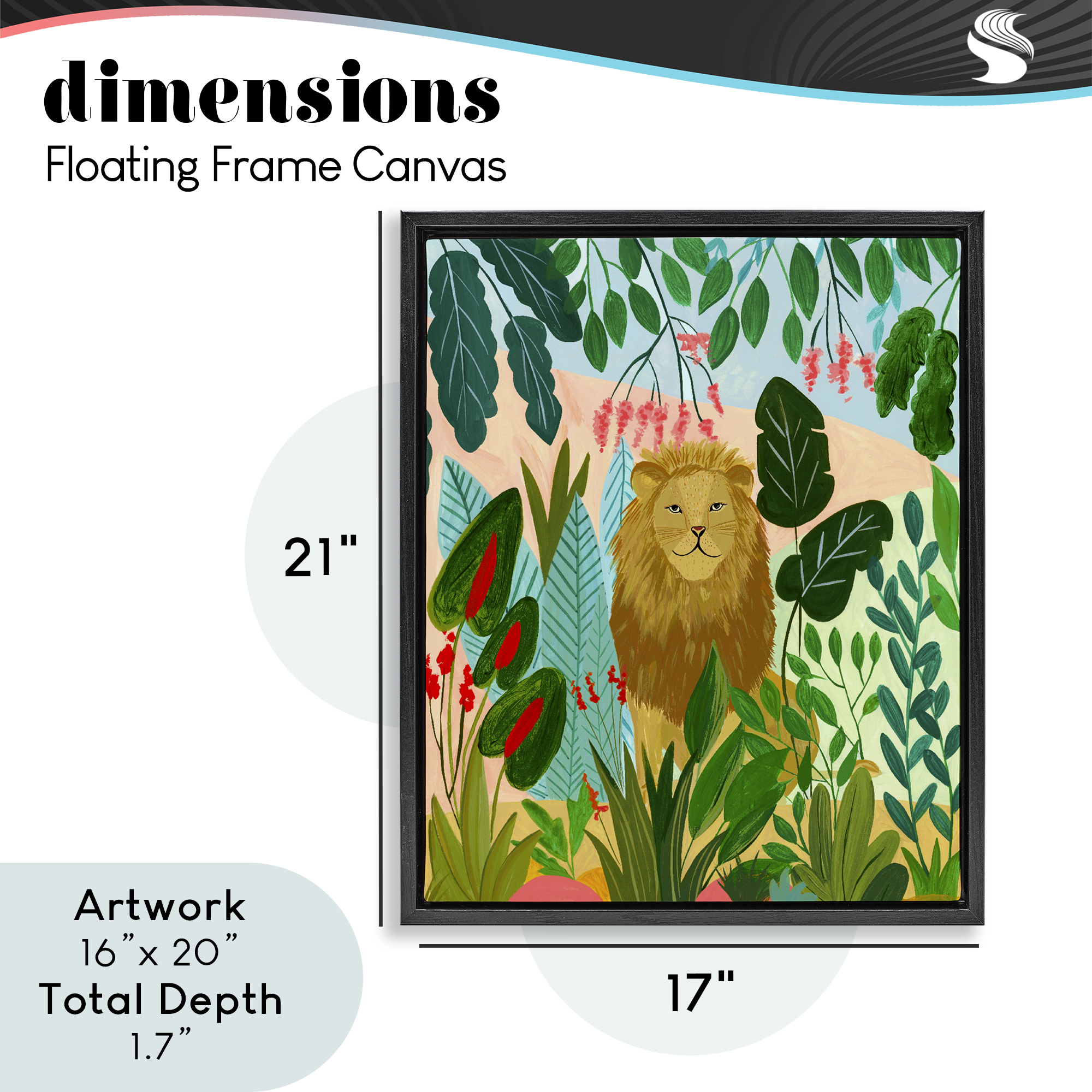 Stoic Lion Tropical Forest Black Framed Floater Canvas Wall Art, design by Nabeela Rumi