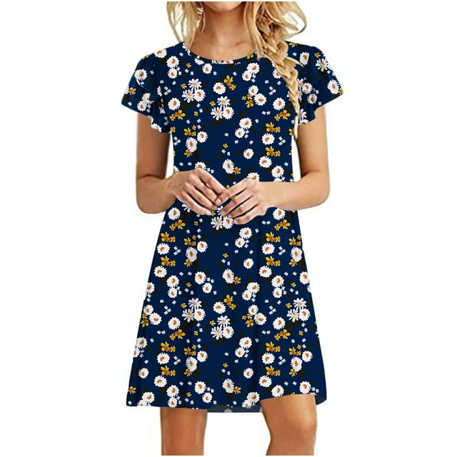 Short Sleeve Dresses for Women Womens Mini Dresses Summer Casual Ruffle Short Sleeve Cute Round Neck Flowy Dress with Pockets Cute Summer Dresses for Women Short Summer Dresses for Women