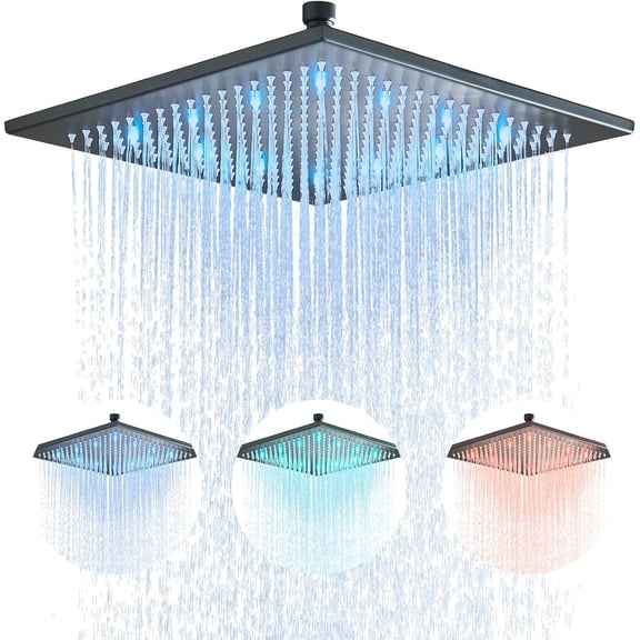 Zovajonia 12 inches Large Square Black LED Rainfall Shower head Brass Overhead Spray Bathroom Shower Head