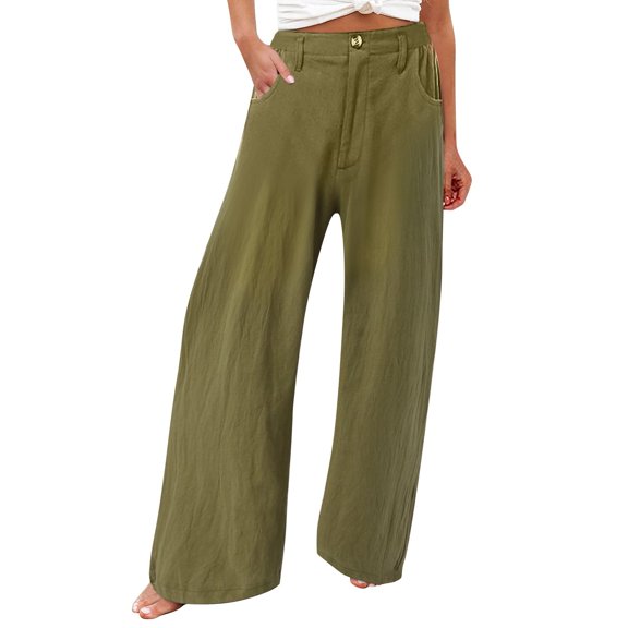 YIFUNIN Women's Summer Cotton Linen Wide Leg Pants with Button Detail & Elastic Waist, Loose Palazzo Casual Trousers with Pockets,Army Green L