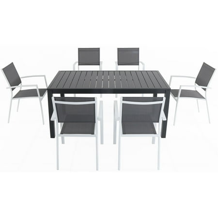 Hanover Naples 7-Piece Outdoor Dining Set | Aluminum 63 x 35 Patio Table with 6 Stackable Sling Chairs | Modern Comfortable and Weather-Resistant | NAPDNS7PC-WHT