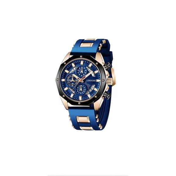 Liboger Business Men's Automatic Watch with Full Calendar Silicone Strap  BLUE