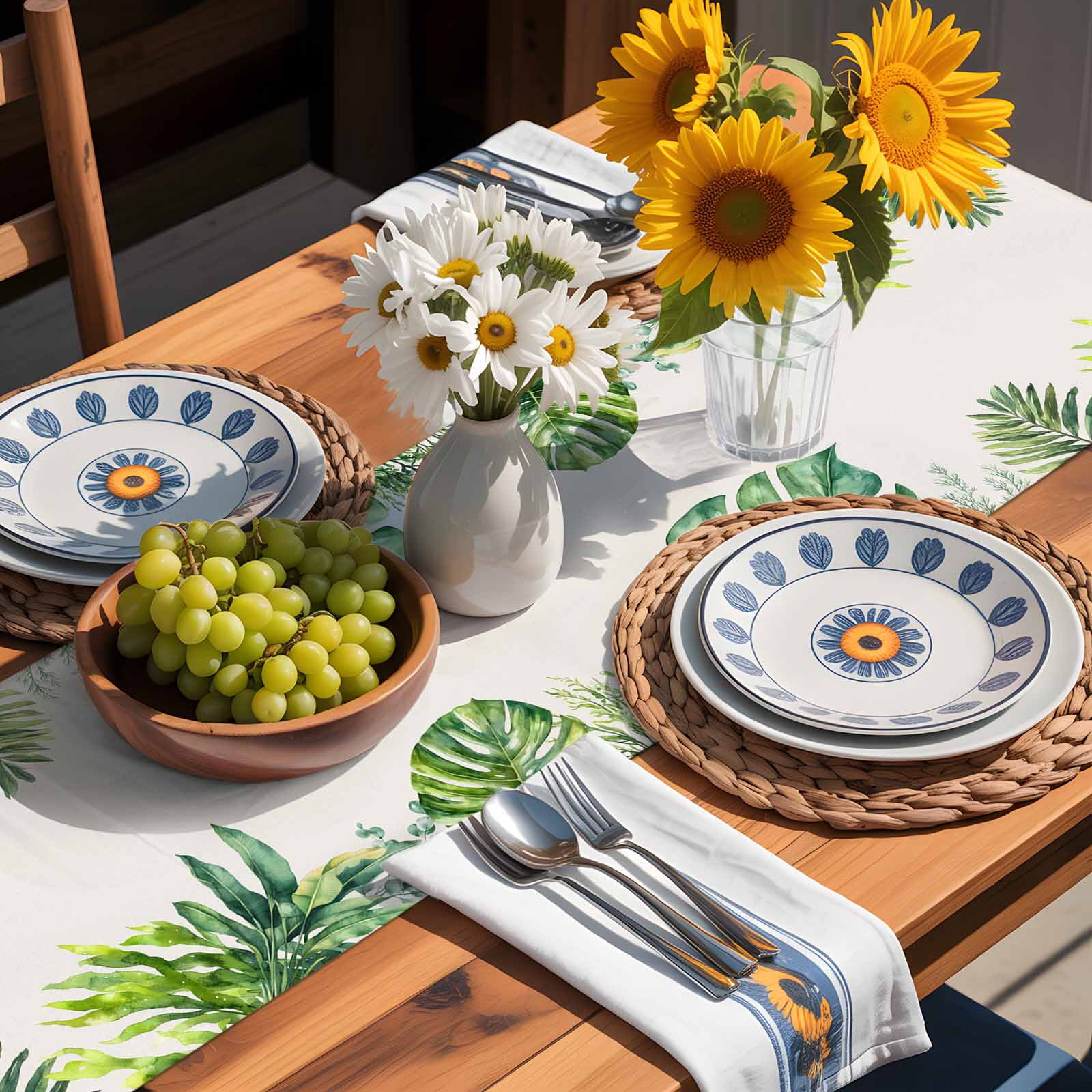Summer Tropical Plants Palm Leaf Table Runner 90 Inches Long, Green Watercolor Leaves Table Runners Tabletop Scarf Kitchen Dining Tables Decoration for Home Party Indoor Outdoor