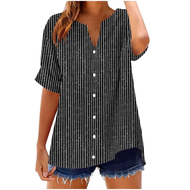 Camisetas Casuales de Manga Corta con Cuello en V Impreso Botón de Verano Suelto Y de Moda