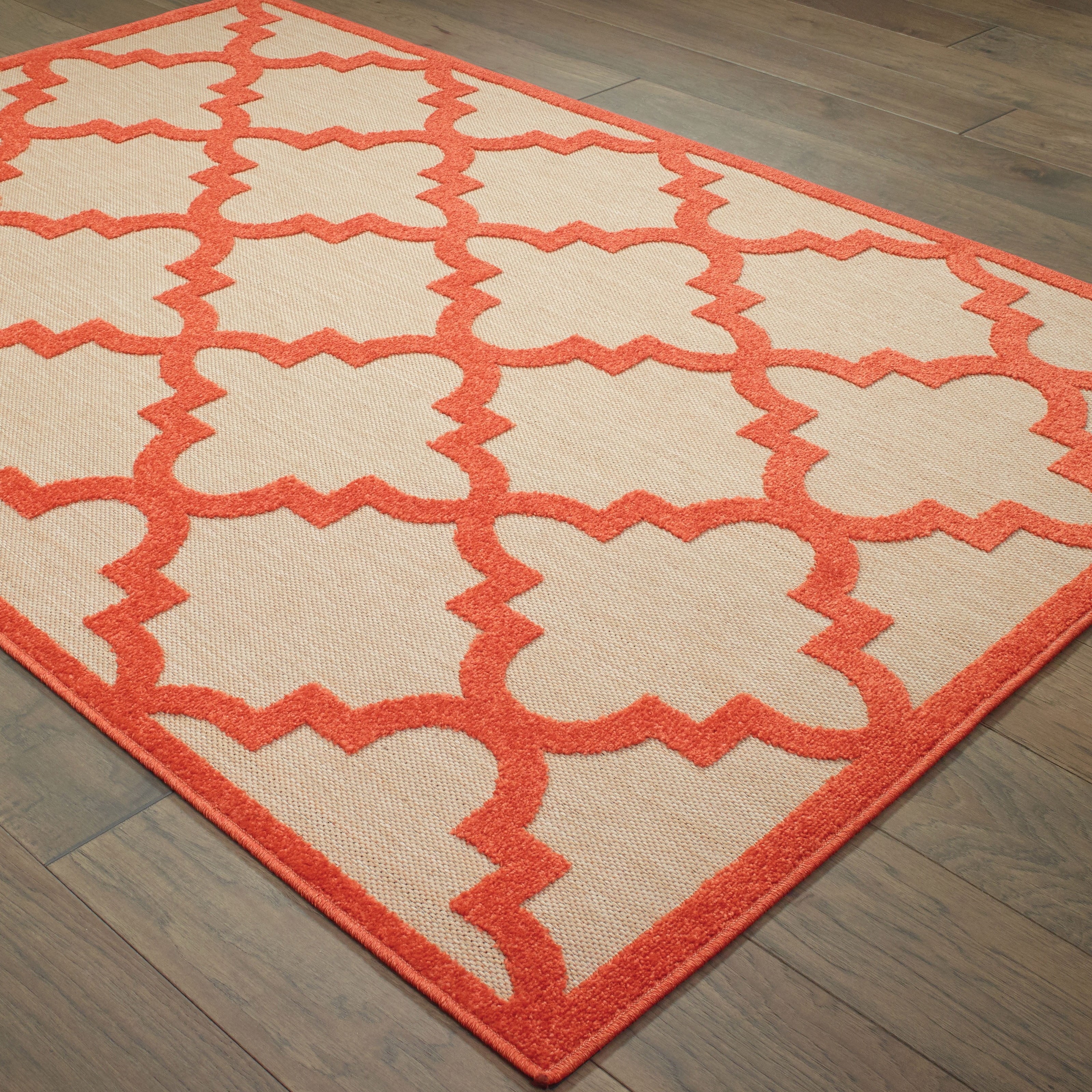 Style Haven  Cara Mixed Pile Quatrafoil Lattice Indoor/ Outdoor Area Rug Orange/Sand 6'7" x 9'6" Polypropylene Trellis, Geometric 6' x 9' Accent,