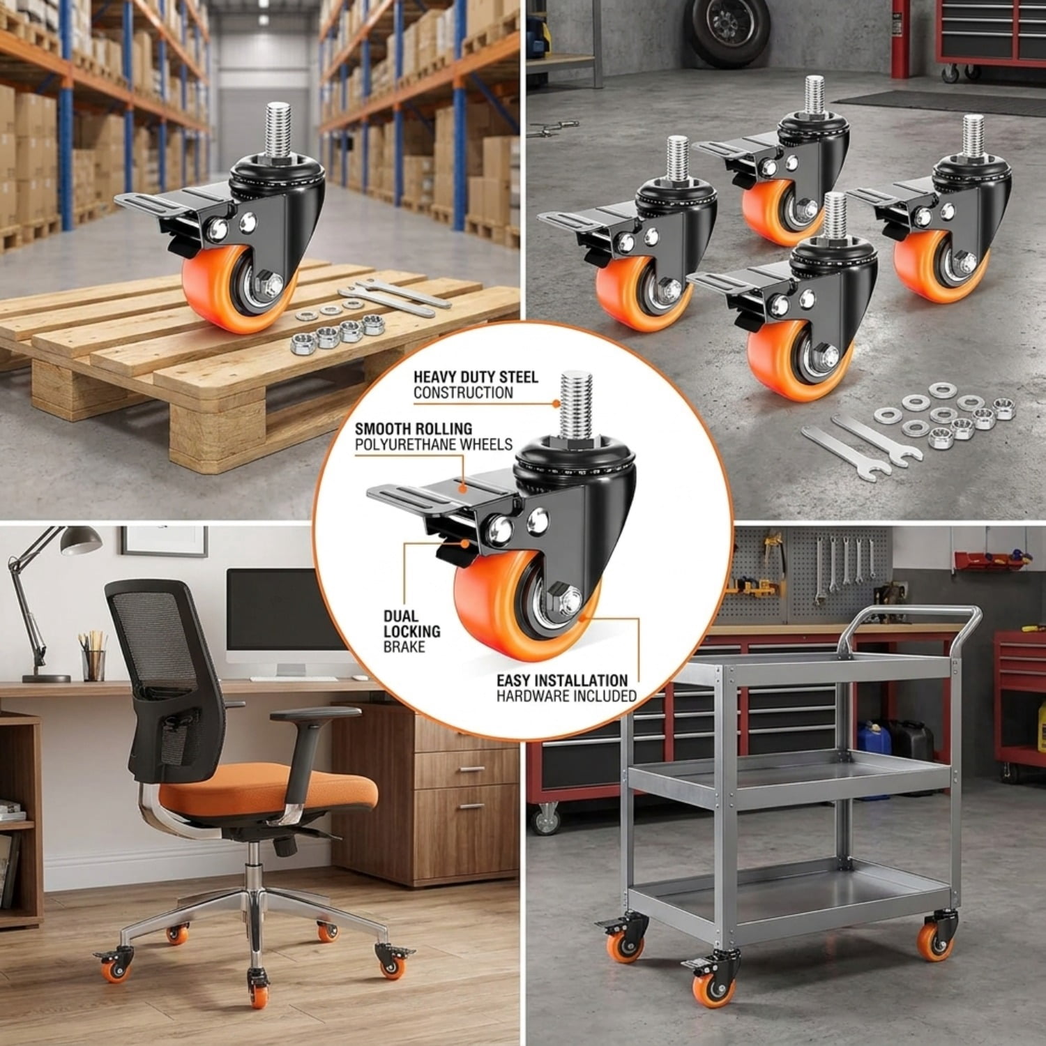 General Set of 4 Heavy-Duty Industrial Stem Caster Wheels with Locking Brake, 1.5/2/2.5" Wide Base for Furniture Carts Workbenches Equipment Replacement, Durable Rolling Casters