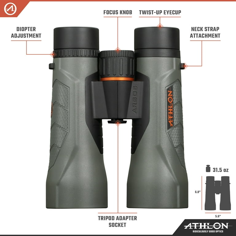 Athlon Optics 10x50 Argos G2 HD Gray Binoculars with Eye Relief for Adults and Kids High Powered Binoculars for Hunting Birdwatching and More