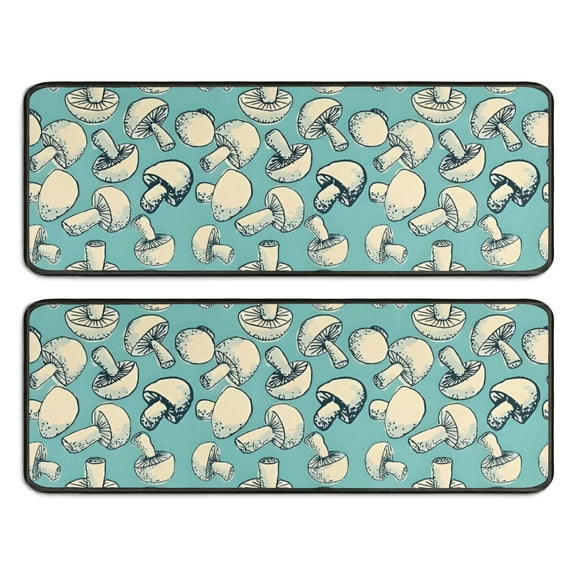 Kitchen Rugs Sets Of 2,Beige Mushroom Sketch Teal Pattern Anti Fatigue Kitchen Mat Rugs Non Slip Washable,Decorative Kitchen Floor Mats for Kitchen,Sink,Laundry,17"x47" 17"x47"