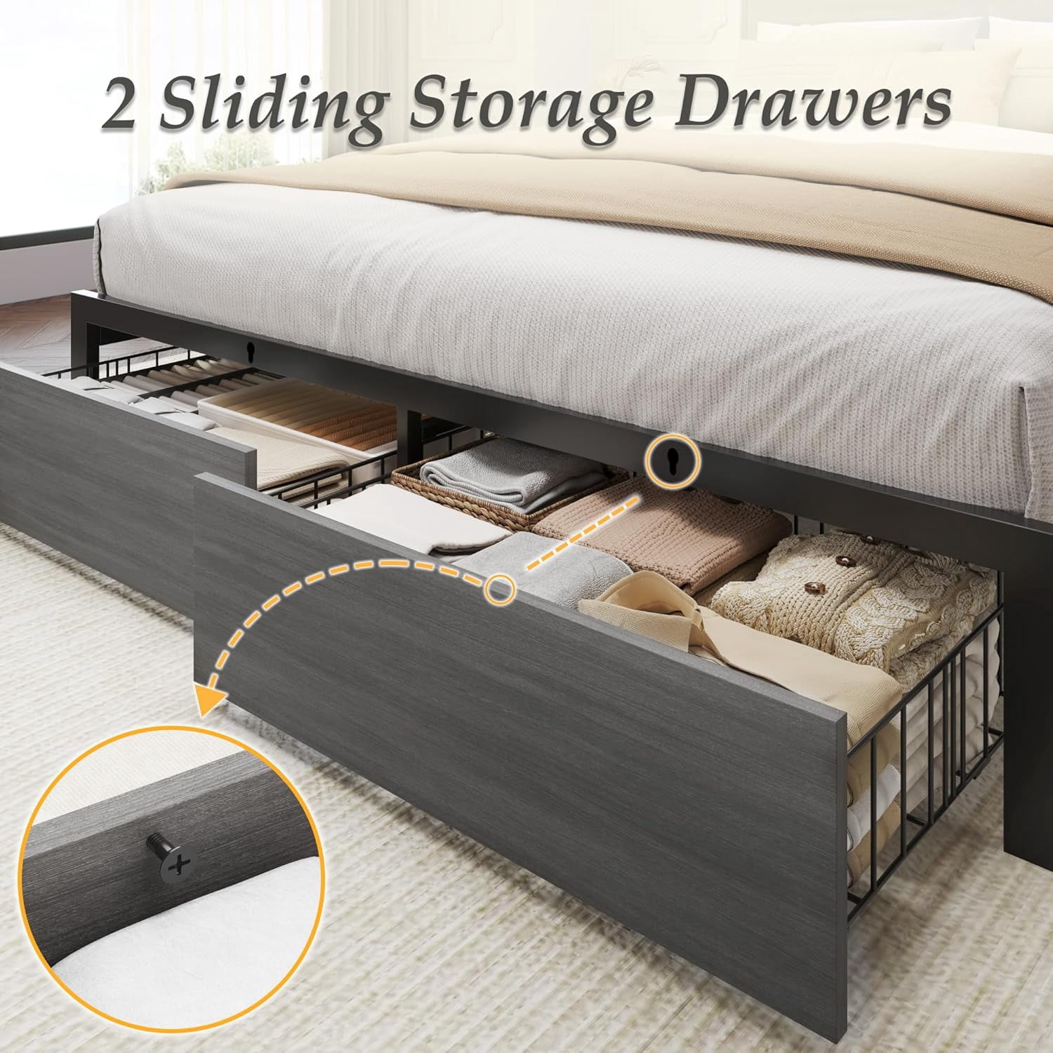 DRNANLIT Queen Bed Frame with 2-Tier Storage Headboard, Metal Bed Frame with 2 Drawers & Built-in Charging Station & LED, Noise-Free, No Box Spring Needed, Easy Assembly,Black Grey