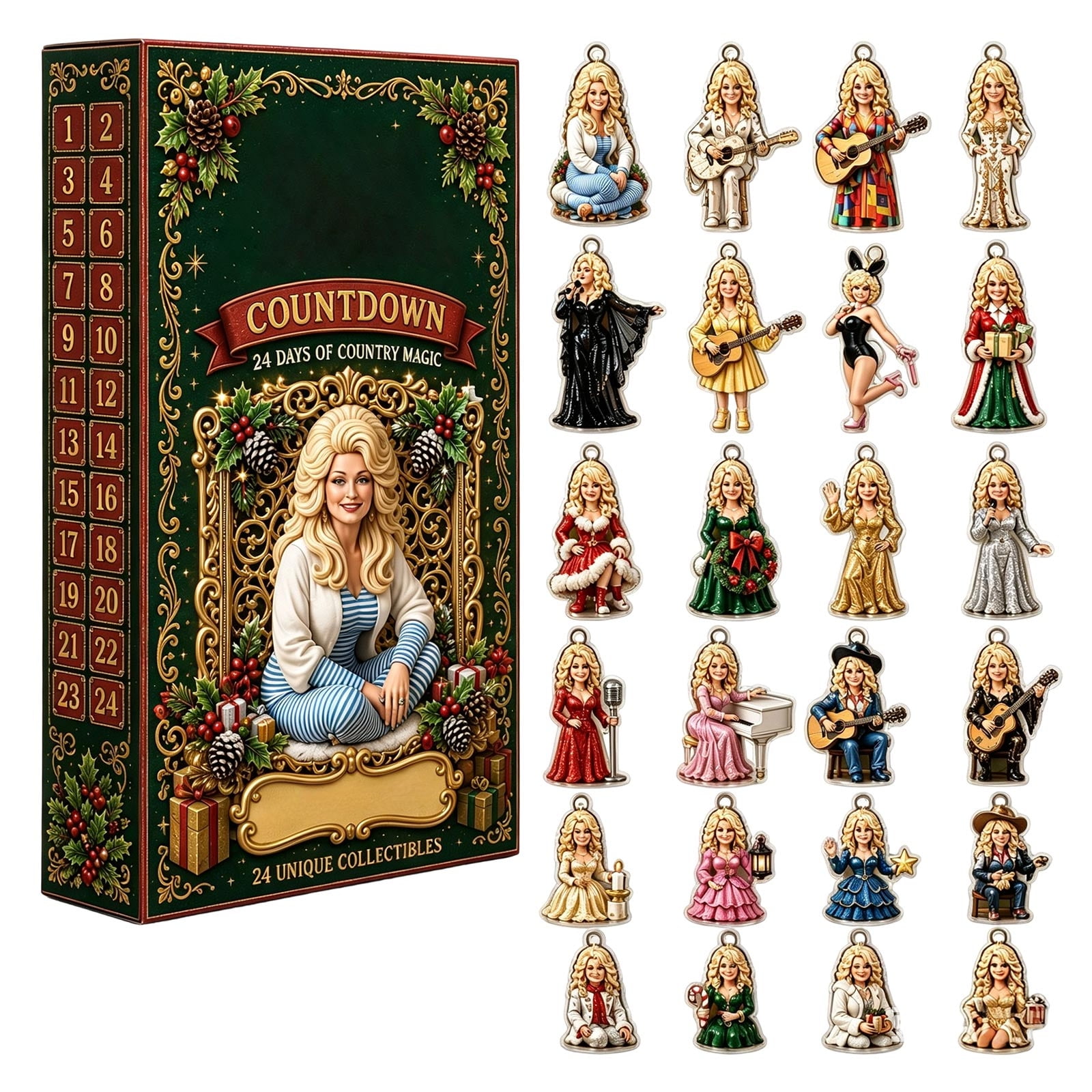 Dolly Christmas Advent Calendar 2026, 24 Days Xmas Countdown Calendar Dolly Acrylic Ornaments, Collectible Surprise Gift Box Stocking Stuffer for Country Music Fans