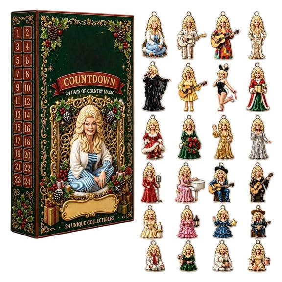 Dolly 24 Days Christmas Advent Calendar, 2D Acrylic Ornament Set Country Music Themed Collectible Countdown Gift for Fans