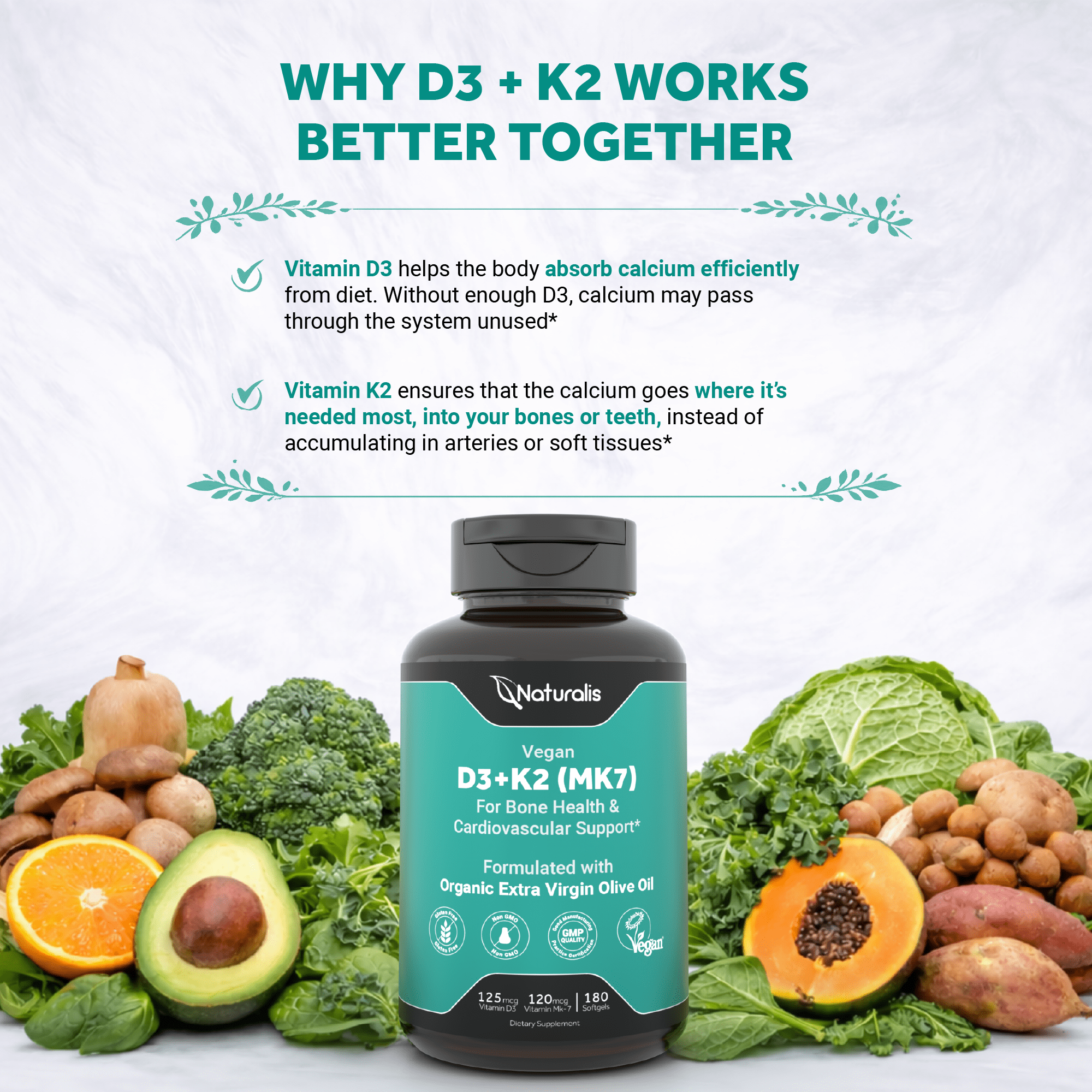 Naturalis Vegan Vitamin D3+K2 from Algae | 5000 IU D3 with 120mcg MK7 | Vegan Society Certified,Sustainably Sourced,Better Than Animal Derived | Better Support for Bone & Immune Health* | 180 Softgel