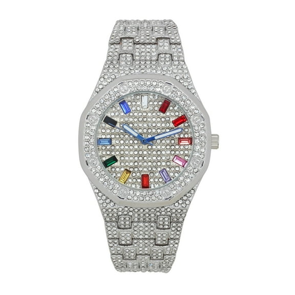 Men's Hip Hop Style Rainbow Baguette CZ Watch Luxury Fashion Analog Silver Plated Fashion