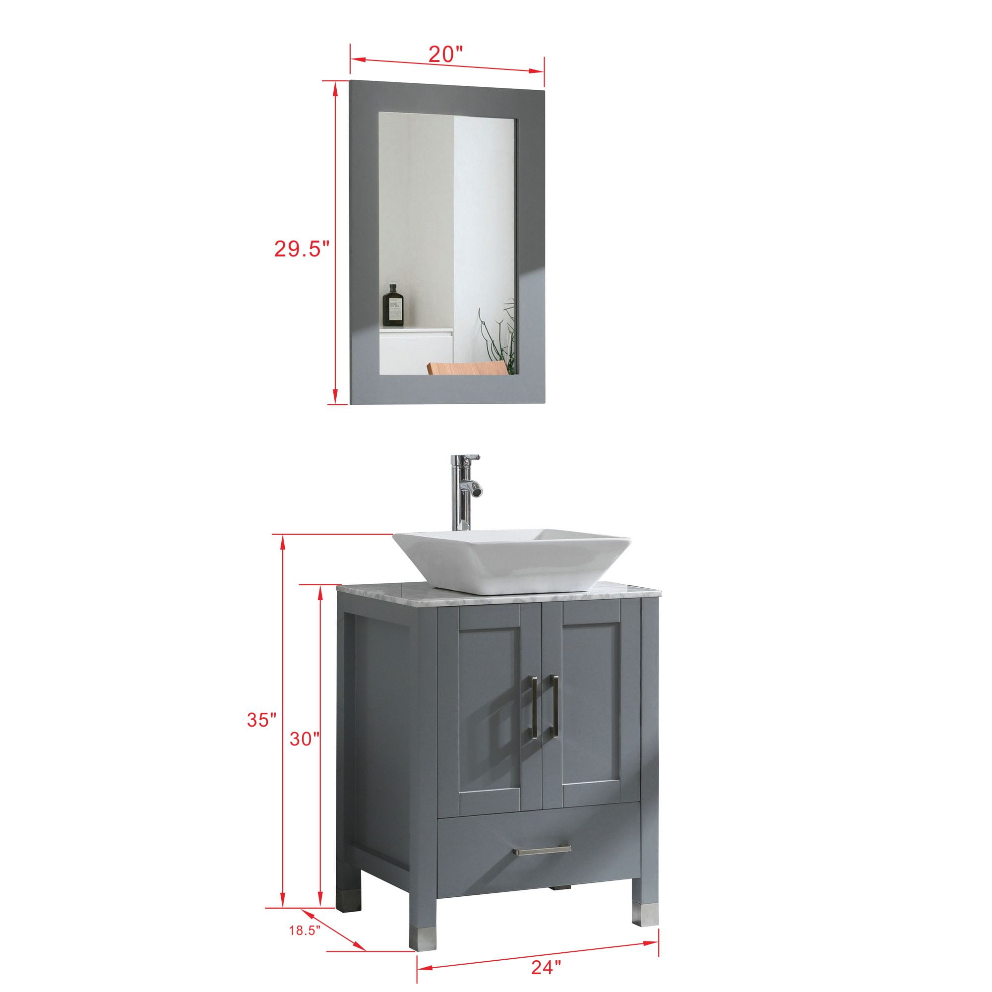 Goodyo 24"  Bathroom Vanity and Sink Combo Solid Wood Structure Marble Pattern Top Mirror, Faucet, Gray