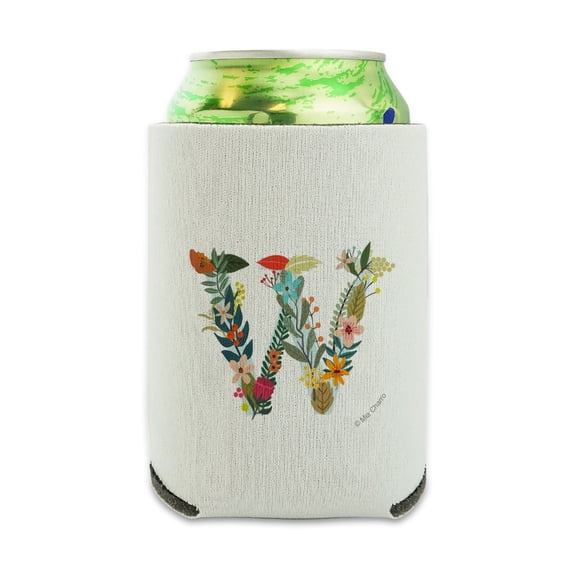 Letter W Floral Monogram Initial Can Cooler - Drink Sleeve Hugger Collapsible Insulator - Beverage Insulated Holder