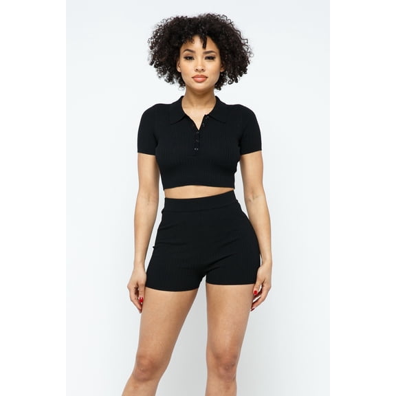 Collar Crop Top   Shorts Set M