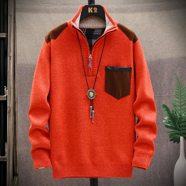 Rbaofujie Liquidation Tops pour Hommes Patchwork Manches Longues Tricot Cardigan à Capuche Manteaux à Fermeture Éclair Orange