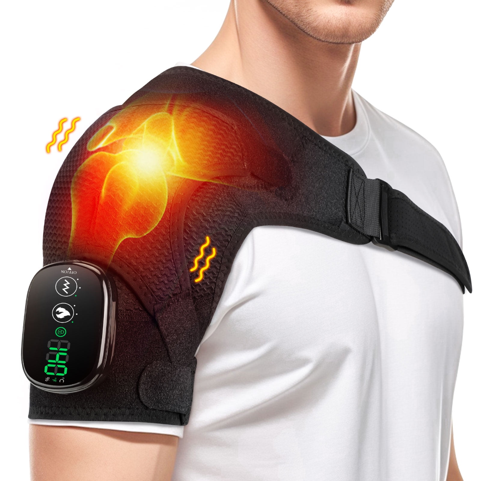 Heated Shoulder Brace Wrap with Massage, Electric Shoulder Heating Pad Massager with 3 Heat & 3 Vibration Levels, 5000mAh Rechargeable Cordless Shoulder Massager