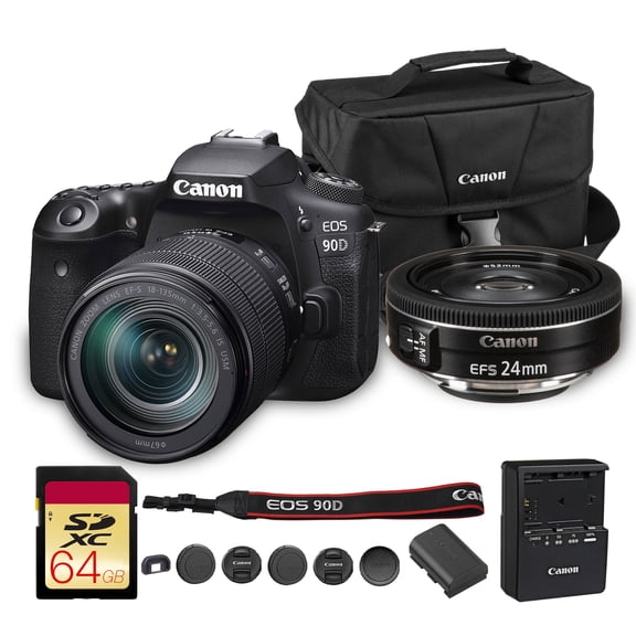 Canon EOS 90D DSLR Camera with 18-135mm Lens | 32.5MP APS-C Sensor, Dual Pixel AF & 4K Video | For Wildlife & Sports Photography (3616C016)   Canon EF-S 24mm f/2.8 STM Lens   Bag   64GB Card