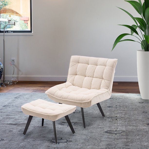 Toyosun Modern White Soft Velvet Material Large Width Accent Chair Leisure Tv Bedroom With Ottoman Black Legs For Indoor Home And Living Room Com Toyosun Modern White Soft Velvet, Large Accent Chair With Ottoman
