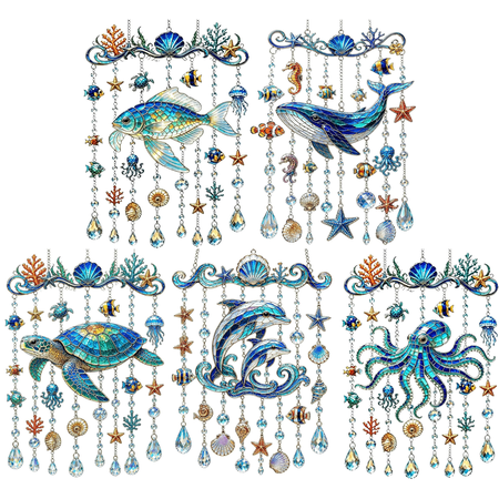 Summer Beach Wind Chime for Outside Non Shatter Stained Acrylic Ocean Creature Crystal Suncatcher Outdoor Hanging Decor for Yard Bay Window Beach House Gift A2