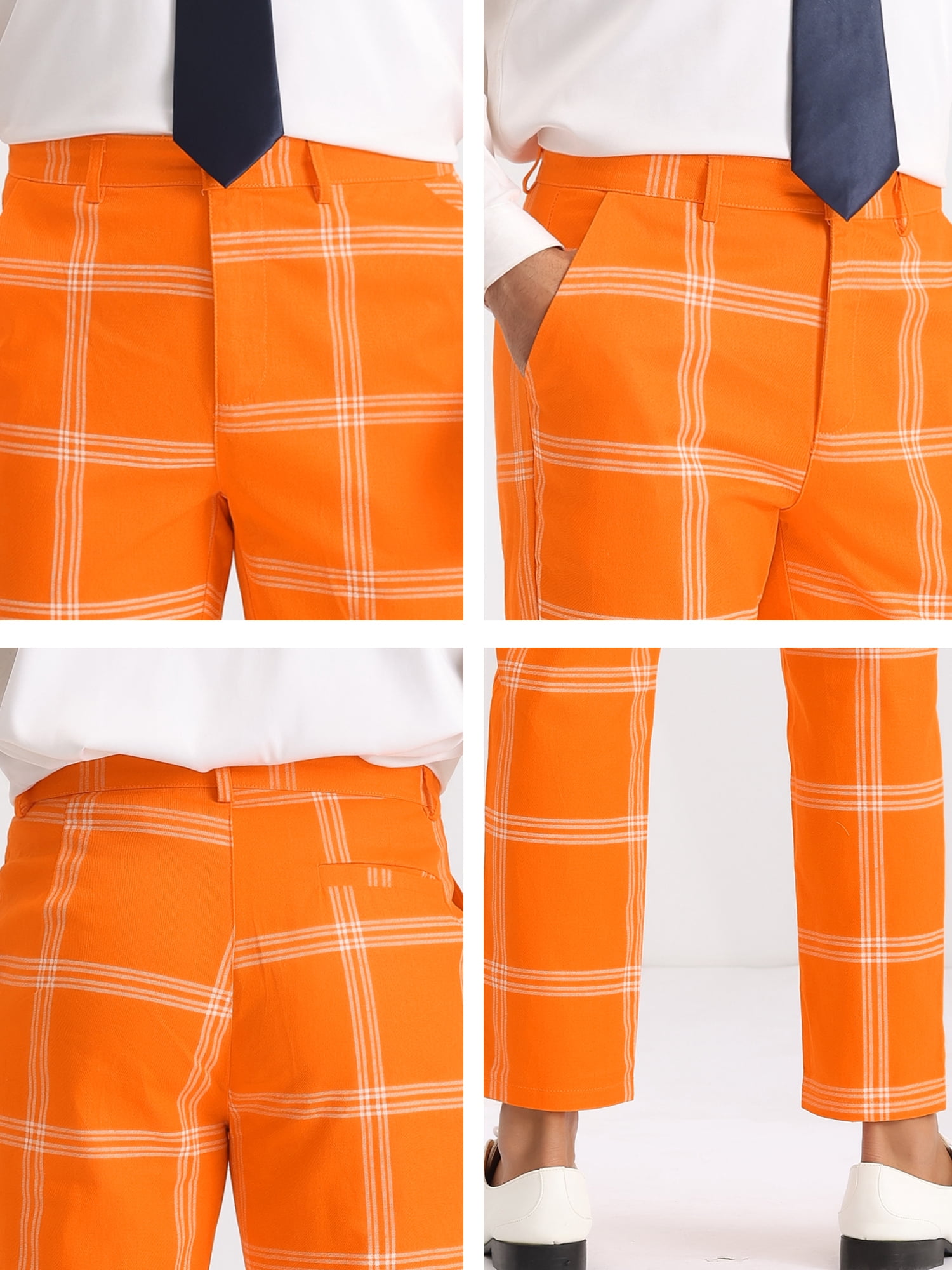 Unique Bargains Men's Business Plaid Pants Casual Slim Fit Flat Front Checked Trousers 32 Orange