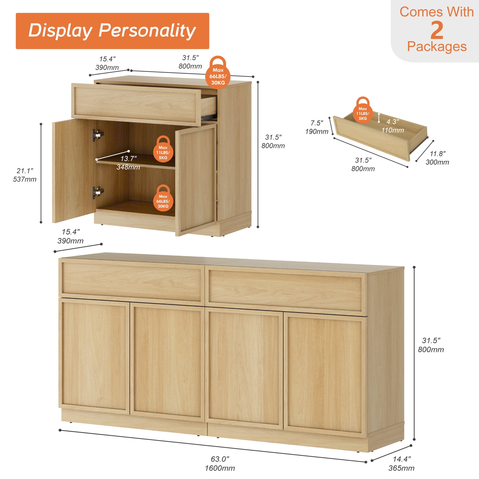WAMPAT Modern TV Stand for TVs Up to 40", Wooden Entertainment Center TV Console with 4 Doors and Drawers, Media Console Cabinet with Adjustable Shelf for Living Room, Bedroom, Oak