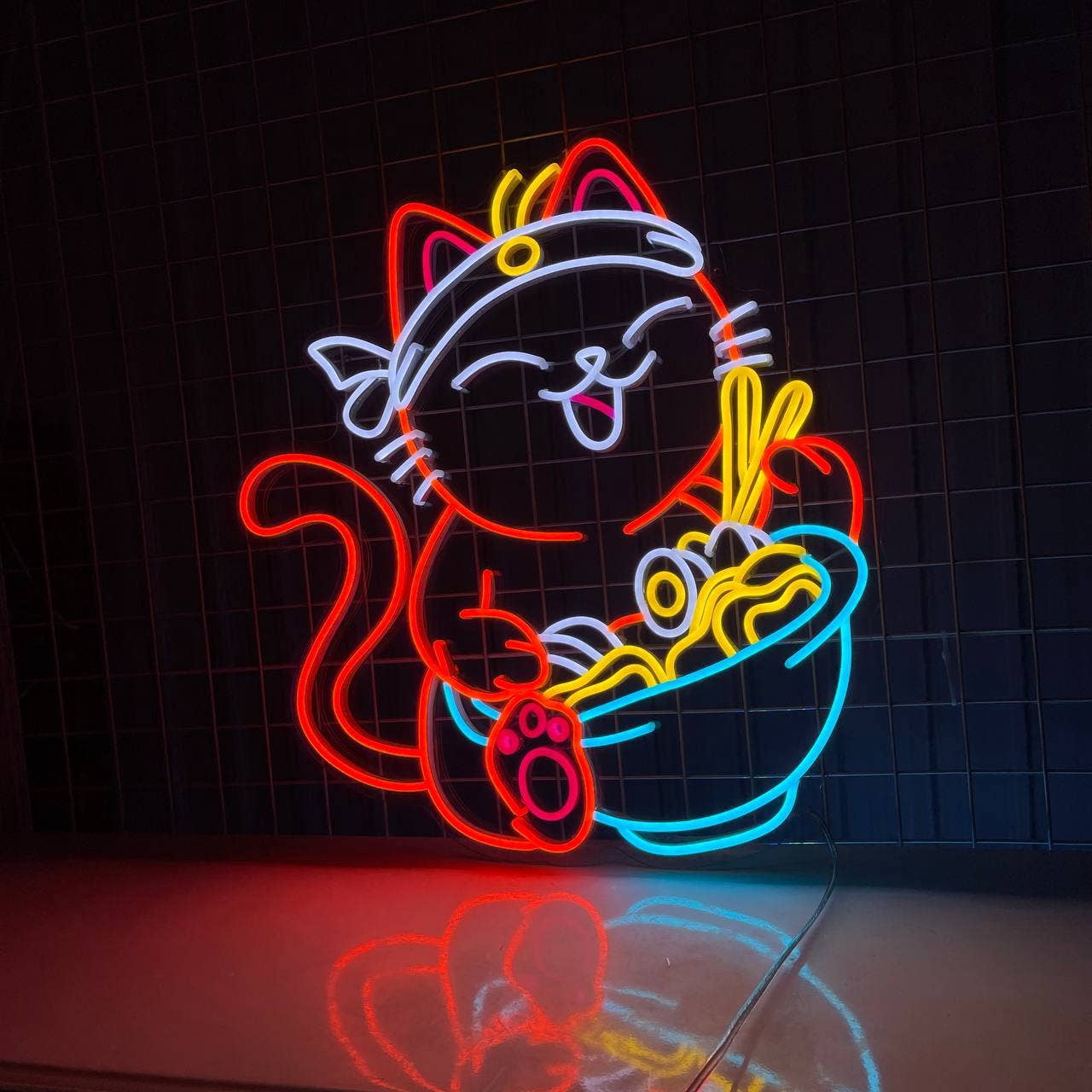 Glowneon Lucky Cat Ramen Noodles Neon Sign, Ramen Food Led Decor