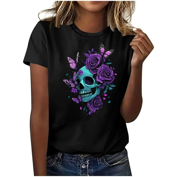 Busydd Womens Fall Tops Trendy Halloween Graphic Tees for Women Casual Comfy Round Neck Cotton Womens T Shirts Summer Short Sleeve Going Out Tops S