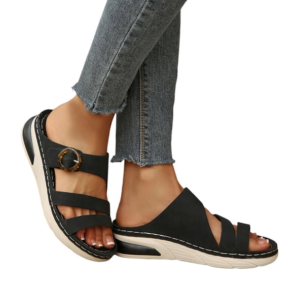 Rokment Orthopedic Platform Sandals for Women 2026 Comfortable Buckles Open Toe Memory Foam Wedge Walking Slides with Arch Support Beach Summer Black Size 6