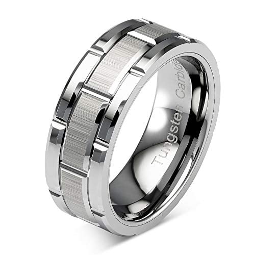 100S Jewelry - Tungsten Rings for Men Wedding Band Silver Brick Pattern ...