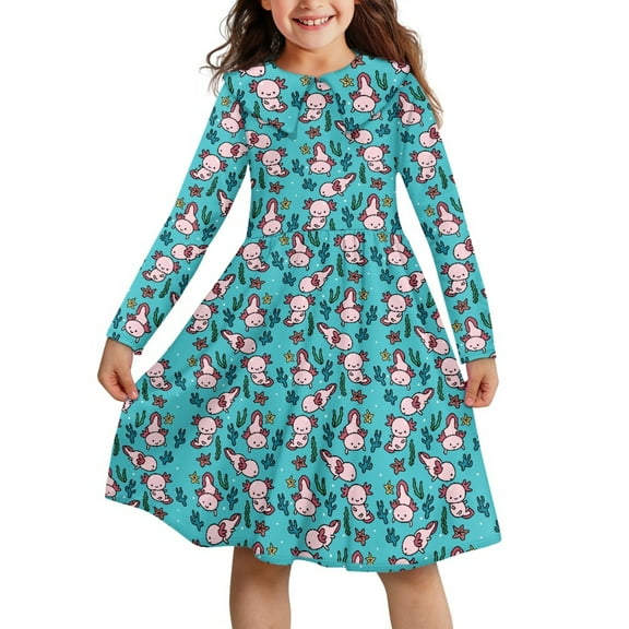 DISNIMO Blue Axolotl Dress for Kids Dress for Girls Collared Long Sleeve Dress for Girls 3-4 Dresses for Childrens Twirl Dress Kids Polyester Dresses for Girls Soft Dress for Kids Swing Dress
