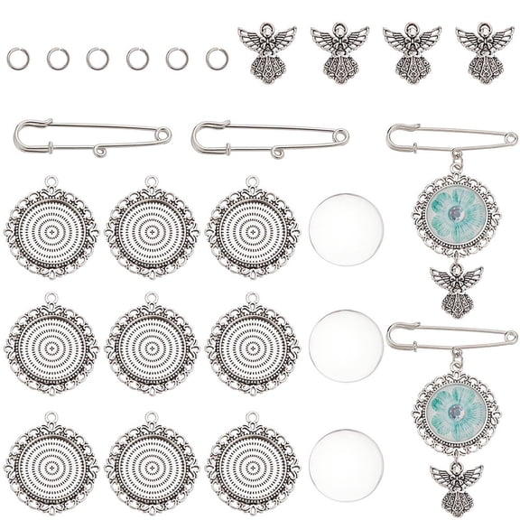 1 Box 10 Sets Silver Memorial Photo Charms Bouquet Charm Pin Wedding Angel Glass Round Cabochons Jump Ring Brooch Charms KitsDIY