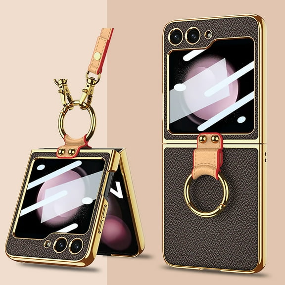 ELEHOLD Case for Samsung Galaxy Z Flip 5, Electroplated Ring Stand Case with Shoulder Strap, Built-in Screen Protector,Coffee