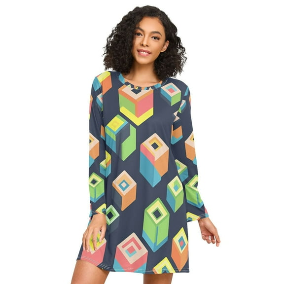 FORMRS Womens Long Sleeve Nightgowns Crew Neck Sleep Shirt Soft Pajamas Sizes S-3XL, Green Cubes