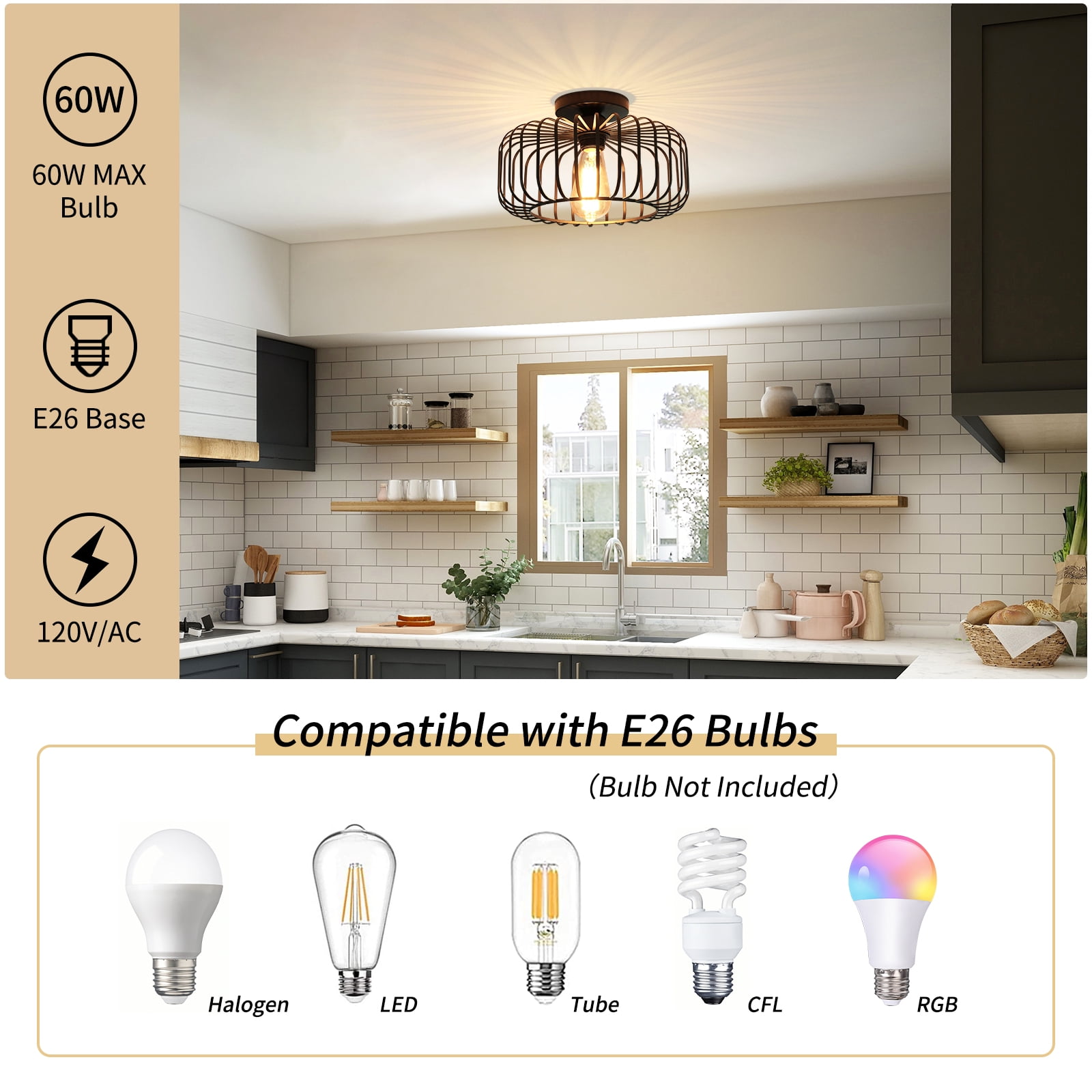 FRIDEKO HOME Modern Black Semi Flush Mount Ceiling Light Fixture, 11.22" Industrial Metal Cage Ceiling Lights, Chandeliers with E26 Base for Bedroom, Living Room, Kitchen, Hallway  (Without Bulb)